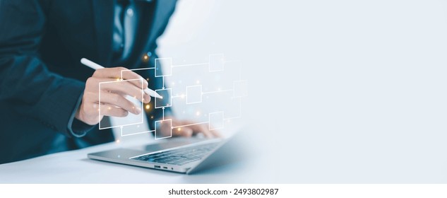 design workflow automation with flowcharts in computer laptop. diagram algorithm flow, model work structure digital, hierarchy scheme. business process and data management organigram