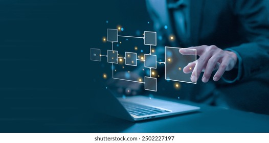 design workflow automation with flowcharts in computer laptops, business processes, and data management organigram. algorithm flow hierarchy scheme, diagram model work structure digital
