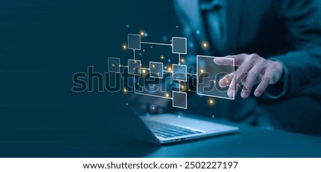 design workflow automation with flowcharts in computer laptops, business processes, and data management organigram. algorithm flow hierarchy scheme, diagram model work structure digital