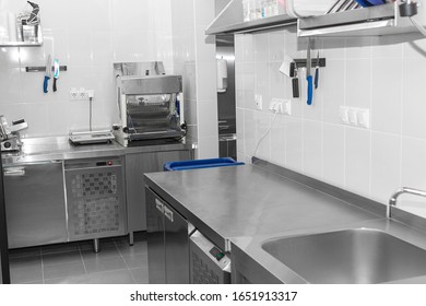 Design Of The Working Area Of The Commercial Cafe Kitchen With Stainless Steel Equipments, Hot Shop, Food Industry.