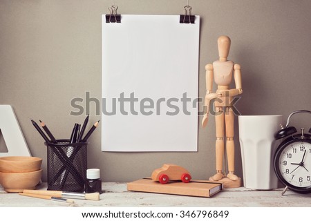 Designer artistic desk website header hero image with blank poster mock up