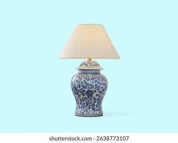 Designer blue pattern table lamp on the light blue background