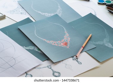 Designer design diamond jewelry drawing sketches making works craft unique handmade luxury necklaces product ideas. - Powered by Shutterstock