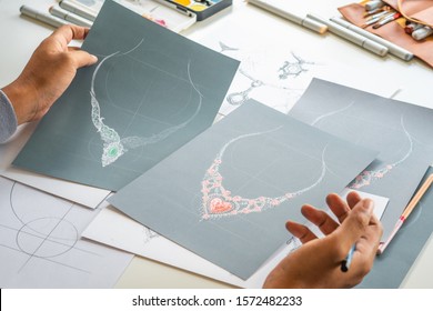 Designer design diamond jewelry drawing sketches making works craft unique handmade luxury necklaces product ideas. - Powered by Shutterstock