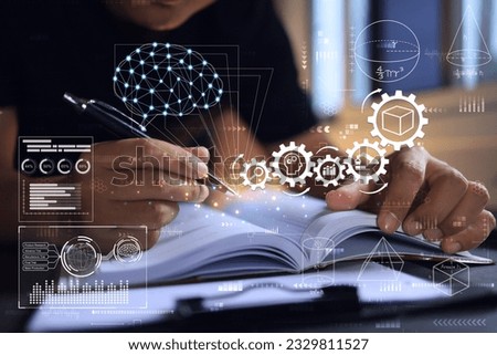 A designer or developer puts brain knowledge of mathematics or physics on paper or notebooks before designing a product. Creating new innovation requires creativity and new ideas. sciencetist writing.