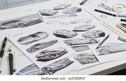 Designer engineer automotive design drawing sketch development Prototype concept car industrial creative.                                - Powered by Shutterstock