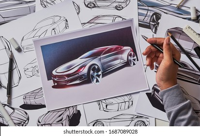 Designer engineer automotive design drawing sketch development Prototype concept car industrial creative.                                - Powered by Shutterstock