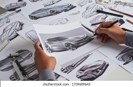 Designer Engineer Automotive Design drawing Sketch Development Prototype Concept Car Industrial Creative.                               