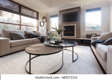 Designer Family Home Casual Living Room In Neutral Tones And Textures