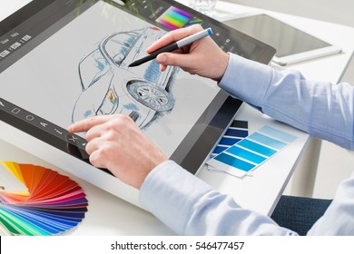 designer graphic drawing car creative creativity draw work tablet screen sketch designing coloring concept - stock image - Powered by Shutterstock