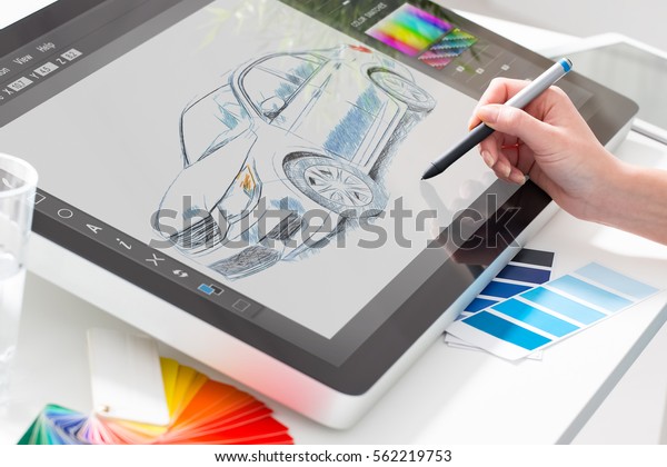 designer\
graphic drawing car creative creativity draw work tablet screen\
sketch designing coloring concept - stock\
image