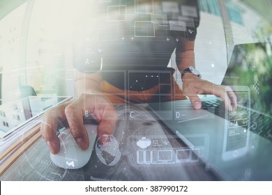 Designer hand working with laptop computer on wooden desk as responsive web design, work from home concept - Shutterstock ID 387990172