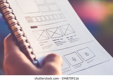 Designer Holding a Notebook with Web Site Wireframes Layout  Photo