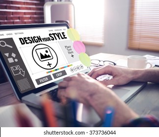 Designer Interface Against Cropped Image Of Graphic Designer Working On Laptop