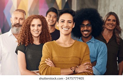 Designer people, happy and confident portrait in office of creative agency, partnership and teamwork for startup group. Arms crossed, diversity and together for mission, dedication and company - Powered by Shutterstock