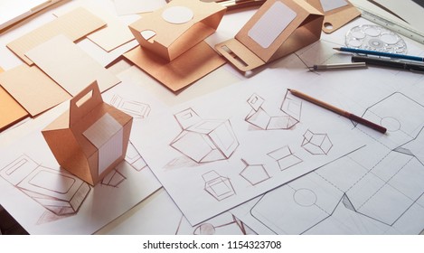 Дизайнер эскиз рисунок дизайн Браун ремесло картонный бумажный продукт эко упаковка шаблон развития коробки брендинг этикетки. дизайнерская концепция студии.