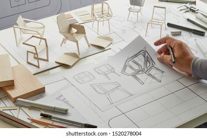 Designer Sketching Drawing Design Development Product Plan Draft Chair Armchair Wingback Interior Furniture Prototype Manufacturing Production. Designer Studio Concept .                           