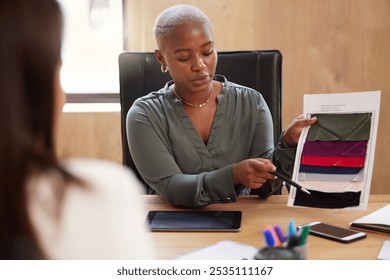 Designer, woman and planning fabric samples in meeting for material choice, textile design and inspiration swatches. Small business, teamwork and creative project for fashion week with color decision - Powered by Shutterstock