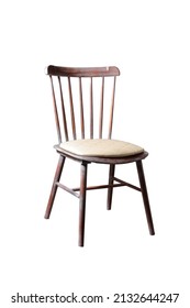 Designer Wooden Chair With Hard Back And Upholstered Seat Upholstered In Beige Fabric