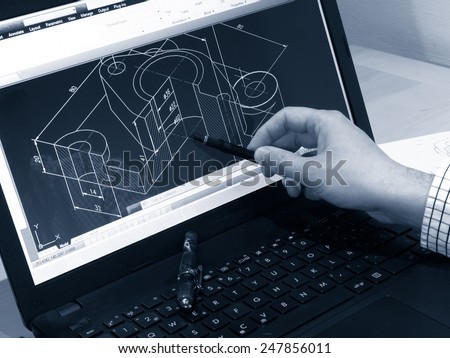 designer working on a cad blueprint monochrome image