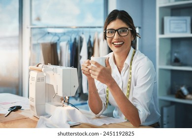 Designer, workshop and portrait for tailor, startup or trendy small business. Seamstress, sewing machine and smile for creative, boutique clothes and skills in artistic design studio for coffee break - Powered by Shutterstock