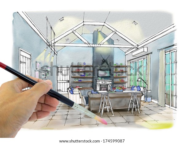 Designers Hand Drawing Interior Perspective Coastal Stock