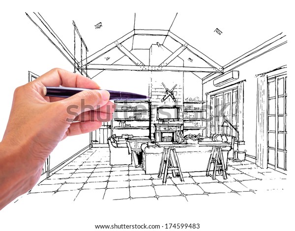 Designers Hand Drawing Interior Perspective Coastal Stock