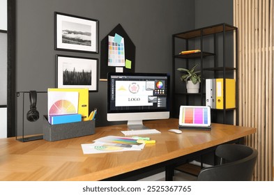 Designer's workplace with computer, tablet, stationery and palettes on wooden table indoors - Powered by Shutterstock