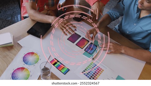 Designing color palettes over image of circular digital interface. creativity, technology, modern, futuristic, abstract, vibrant - Powered by Shutterstock