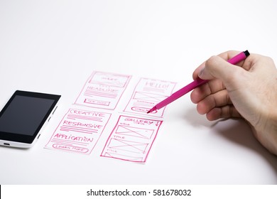 Designing responsive content for mobile website. Sketching wireframe for responsive website