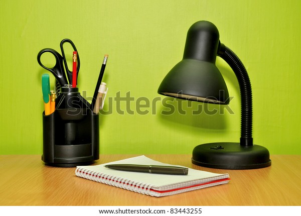 Desk Accessories On Background Green Wall Stock Photo Edit Now