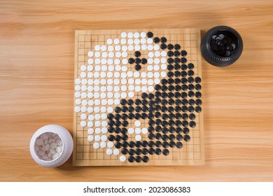 Desk For Board Game Go Or Weiqi  And Vector Yin Yang Tai Chi Symbol Of Harmony And Balance