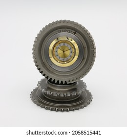 Desk clock handmade from upcycled car parts, steal gears with timepiece in the centre. Table top clock for the office.