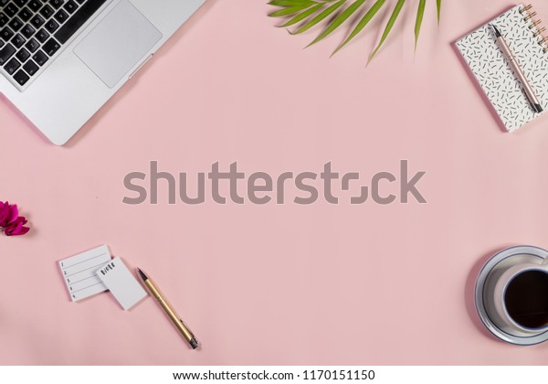 Desk Coffee Cup Laptop Notebook Pens Stock Photo Edit Now 1170151150