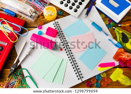 Desk and colorful stationery