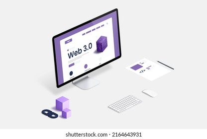 Desk with computer display and Web 3.0 presentation in isometric position concept. Code sketches beside and blocks with a chain