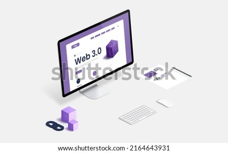 Desk with computer display and Web 3.0 presentation in isometric position concept. Code sketches beside and blocks with a chain