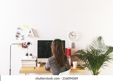 Desk Of Creative Worker. /  Young Creative Woman Working At Office. 