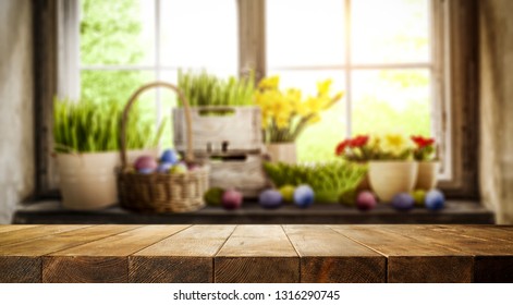 Desk Of Free Space And Easter Time. Blurred Background Of Window Space 