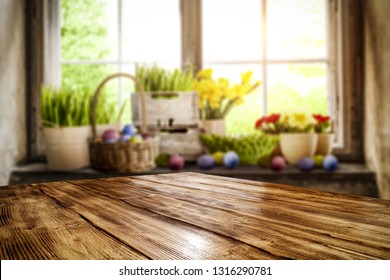 Desk Of Free Space And Easter Time. Blurred Background Of Window Space 