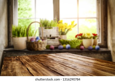 Desk Of Free Space And Easter Time. Blurred Background Of Window Space 