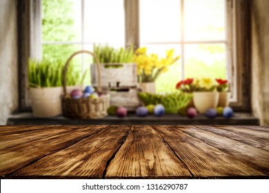 Desk Of Free Space And Easter Time. Blurred Background Of Window Space 