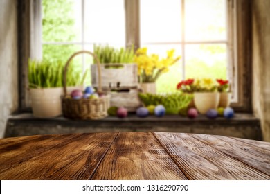 Desk of free space and Easter time. Blurred background of window space  - Shutterstock ID 1316290790