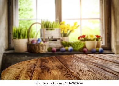 Desk Of Free Space And Easter Time. Blurred Background Of Window Space 