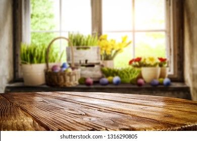 Desk Of Free Space And Easter Time. Blurred Background Of Window Space 