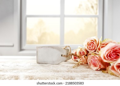 Desk Of Free Space And Fresh Flowers. Home Interior. 