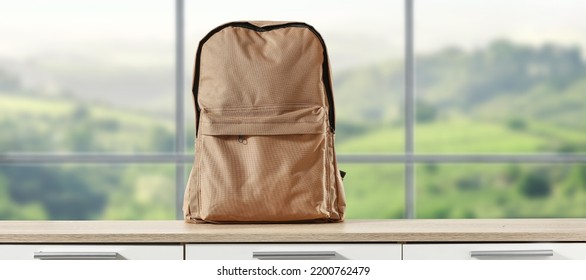 Desk Of Free Space And School Backpack. Home Interior. 