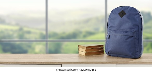 Desk Of Free Space And School Backpack. Home Interior. 