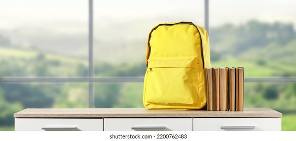 Desk Of Free Space And School Backpack. Home Interior. 