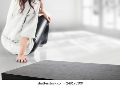 Desk Of Free Space Window And Woman On The Floor And Shadow 